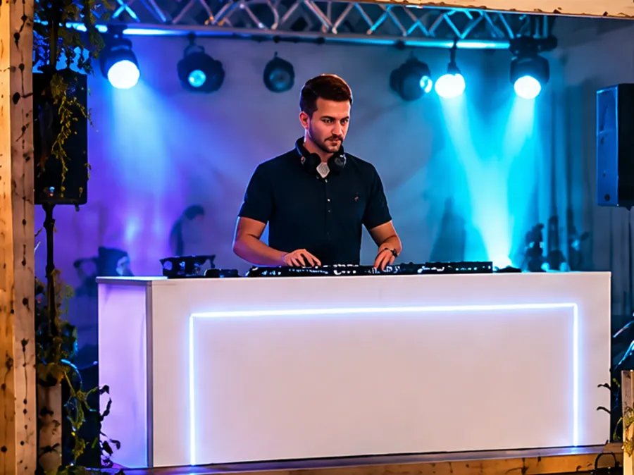 Een DJ achter een nette witte booth met blauw en paars licht.