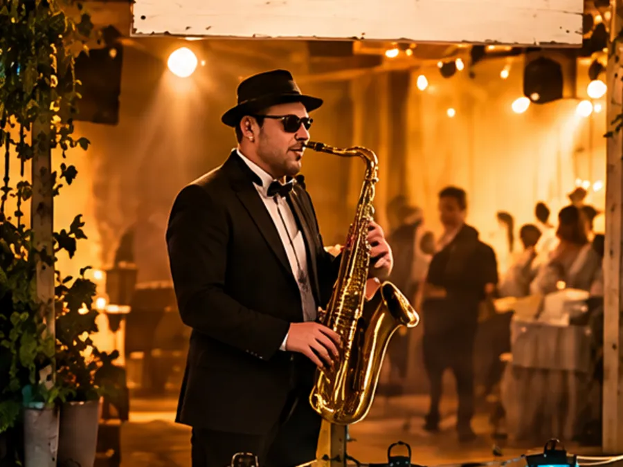 Een saxofonist in smoking speelt tussen de gasten.