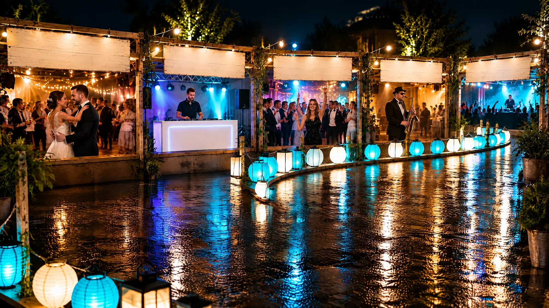 Een nachtmarkt met vijf verlichte kraampjes: een bruidspaar dat danst, een DJ achter een witte booth, dansende gasten, een saxofonist en een volle zaal, met een rivier van lampions over de natte straat.